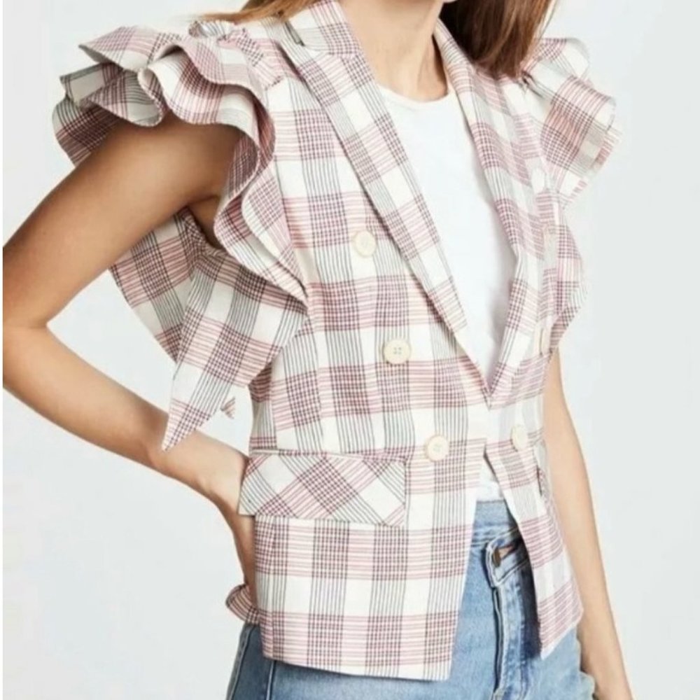 Veronica Beard Rosa Plaid Ruffle Blazer Vest - Picture 2 of 13